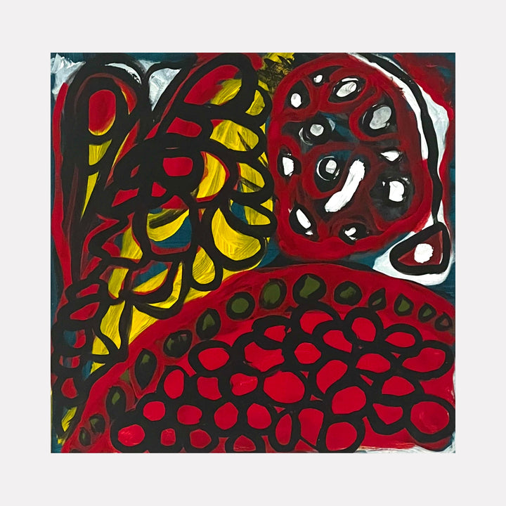 The artwork "Garden in the Woods" by Sunny Chapman features an abstract composition with bold red and yellow organic shapes outlined in black and accented with white highlights. The textured layering and fluid forms evoke a sense of natural growth and movement, reminiscent of the expressive abstraction found in works by Joan Miró and Jean Dubuffet.
