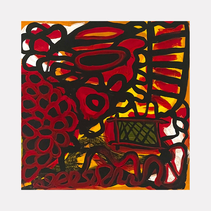 The artwork "Gateway" by Sunny Chapman features an abstract composition with bold, intertwined black lines forming organic shapes against vibrant red, orange, and yellow hues. Textured layers and dynamic brushstrokes create depth and movement, evoking the energetic abstraction and color contrasts reminiscent of works by Jean Dubuffet and Willem de Kooning.
