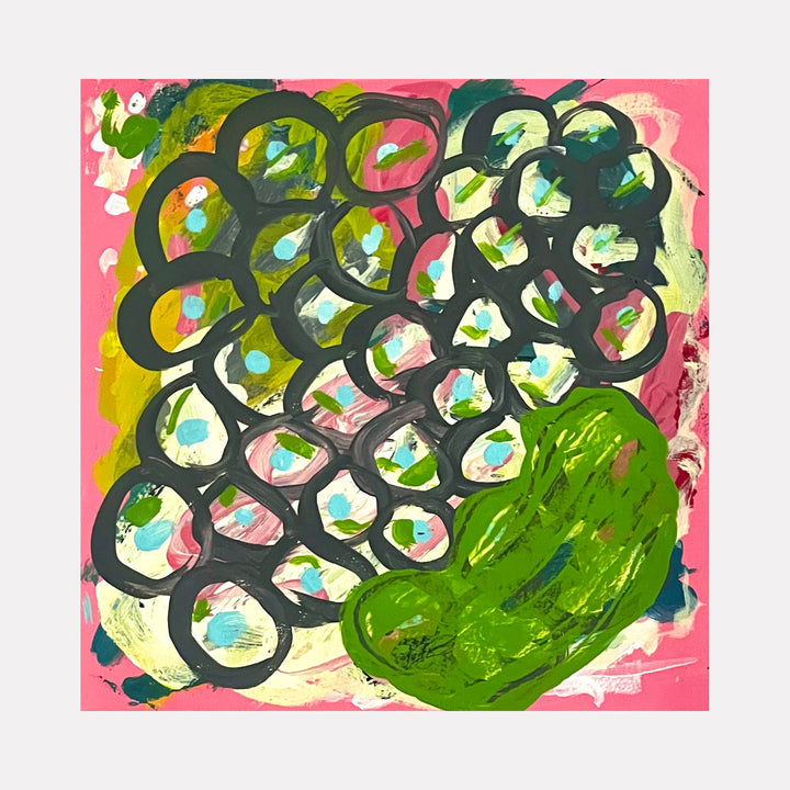 The artwork "Green Light" by Sunny Chapman features an abstract layering of organic, circular shapes outlined in dark gray over a vibrant pink background. Accents of green, yellow, and soft blue blend with textured brushstrokes, evoking movement and fluidity reminiscent of Joan Miró’s playful abstraction and the dynamic color contrasts seen in Helen Frankenthaler’s work.