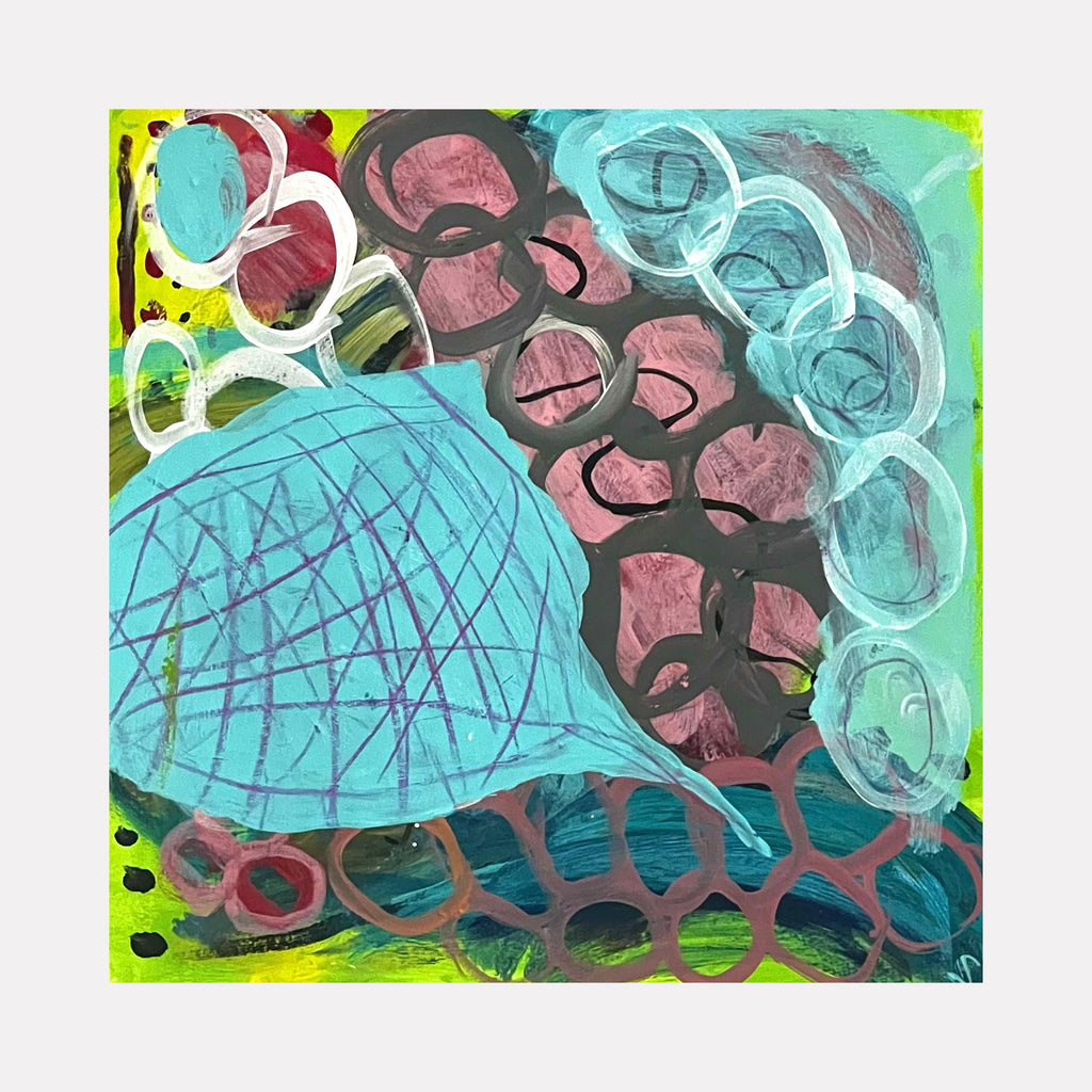 The artwork "Grid Tornado" by Sunny Chapman features an abstract composition with interwoven circular and oval shapes in shades of turquoise, pink, black, and white, set against a vibrant lime green background. Layered textures and dynamic, swirling lines evoke the energetic abstraction found in works by Joan Miró and Helen Frankenthaler.