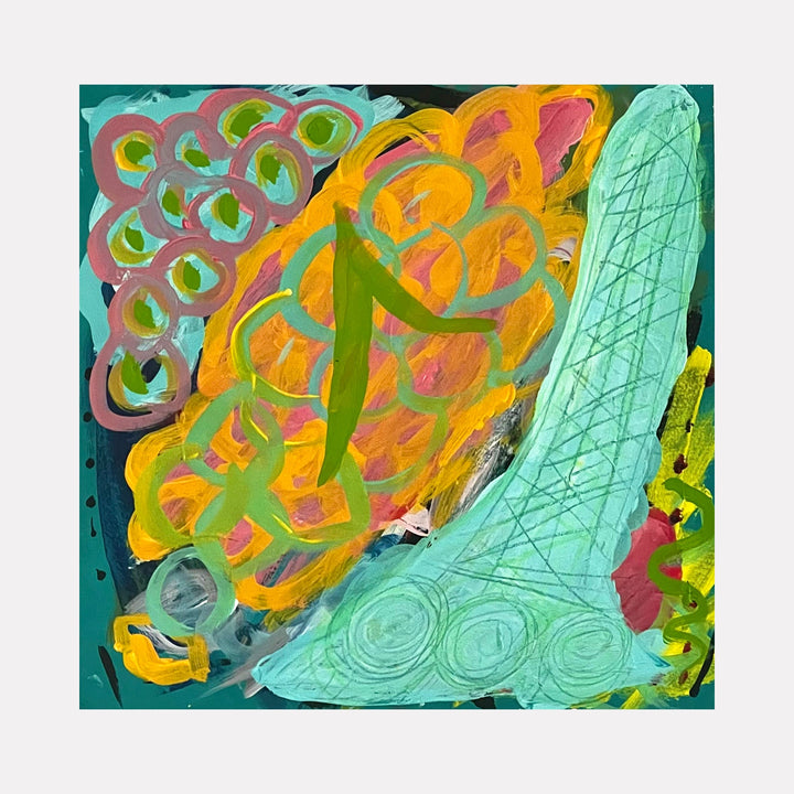 The artwork "La Bite" by Sunny Chapman features an abstract composition with bold, overlapping shapes in vibrant oranges, pinks, and greens set against a deep teal background. Textured brushstrokes and dynamic loops evoke a playful energy reminiscent of the organic abstraction found in works by Joan Miró and Helen Frankenthaler.