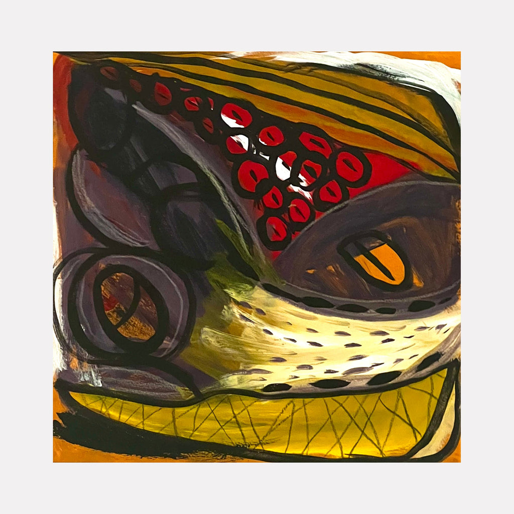 The artwork "Monster" by Sunny Chapman features an abstract composition with bold organic shapes in earthy browns, deep reds, olive greens, and mustard yellows. Textured brushstrokes and layered patterns evoke a sense of dynamic tension and mystery, reminiscent of the expressive abstraction seen in works by Jean Dubuffet and Wifredo Lam.