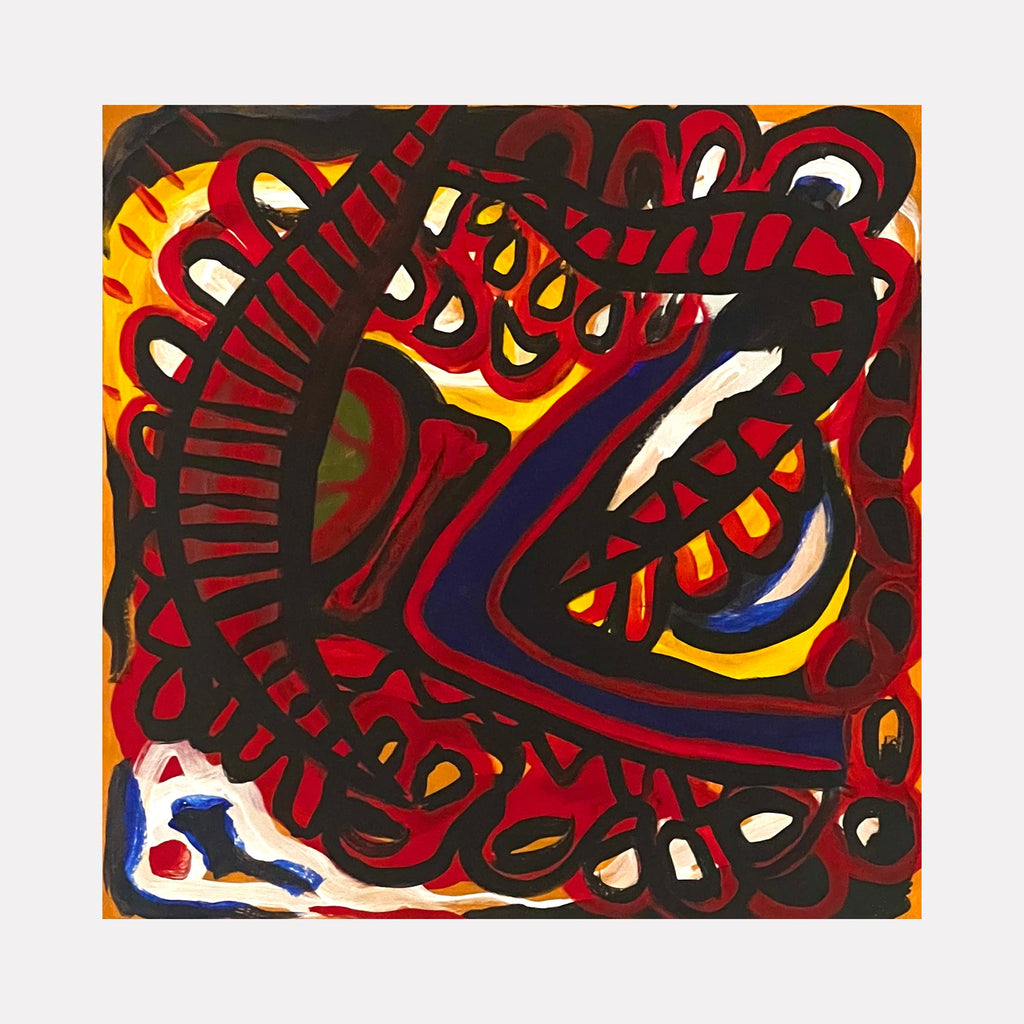 The artwork "Monster Mouth" by Sunny Chapman features an abstract composition dominated by bold, interlocking shapes in rich reds, blacks, yellows, and deep blues. The dynamic layering and strong, organic forms evoke a visceral energy reminiscent of Jean Dubuffet’s raw textures and the bold abstraction of Willem de Kooning.
