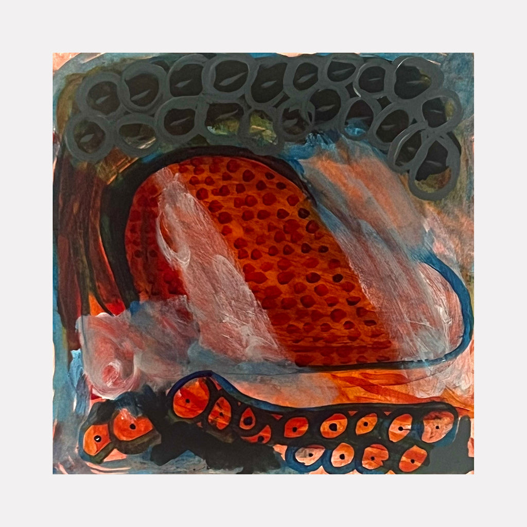 The artwork "Mountain Mist" by Sunny Chapman features an abstract composition with bold red and orange forms accented by circular patterns and dark, looping shapes. The layered textures and fluid brushstrokes evoke a dynamic, organic movement, reminiscent of the expressive abstraction found in works by Joan Miró and Wassily Kandinsky.