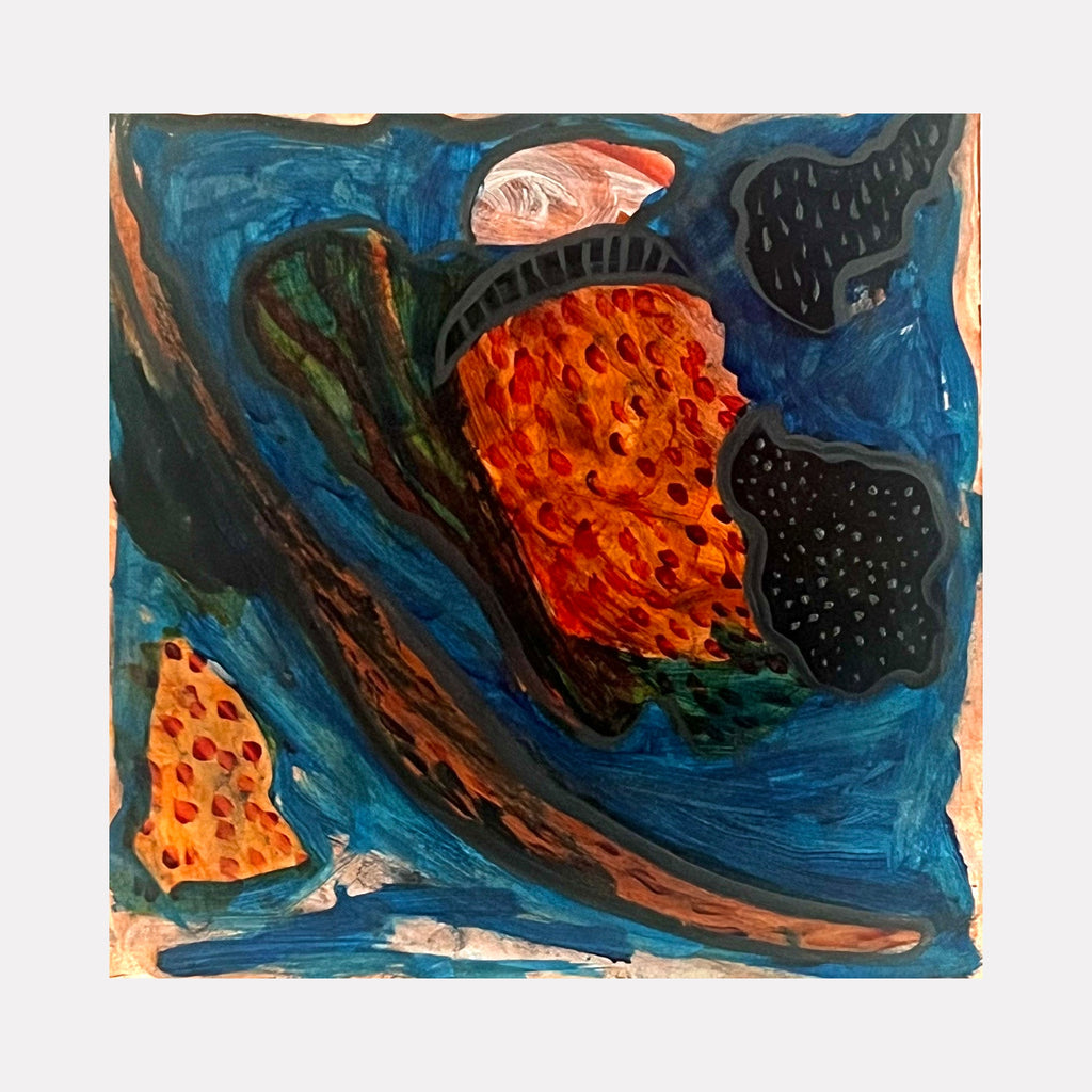 The artwork "River Islands" by Sunny Chapman features an abstract composition with organic, island-like shapes in vibrant oranges and deep blacks set against swirling shades of blue and brown. The textured layering and fluid brushstrokes evoke the dynamic abstraction and natural forms reminiscent of Joan Miró and Yves Tanguy.
