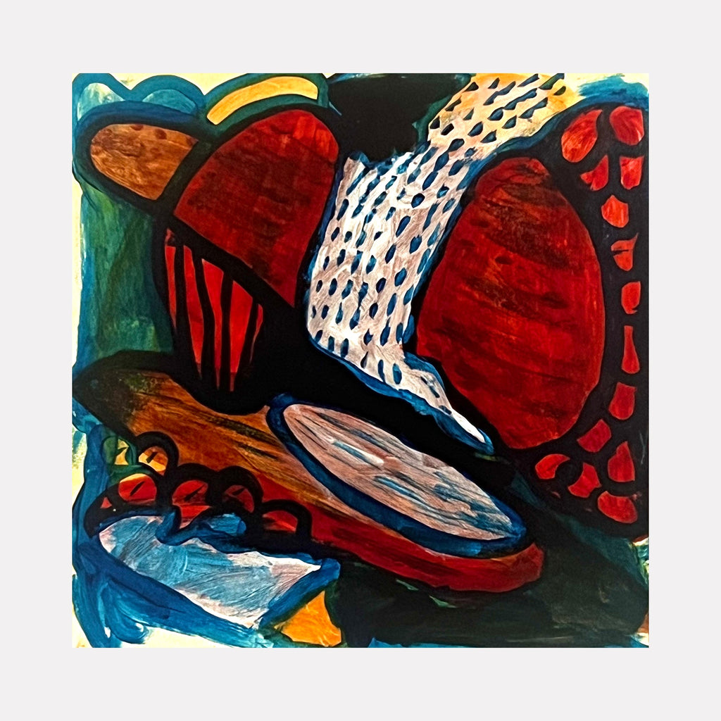 The artwork "Rocky Waterfall" by Sunny Chapman features an abstract composition with bold, organic shapes in deep reds, blues, and earthy browns. Dynamic black outlines and textured brushstrokes evoke a sense of flowing movement, reminiscent of the organic abstraction seen in works by Joan Miró and Wassily Kandinsky.
