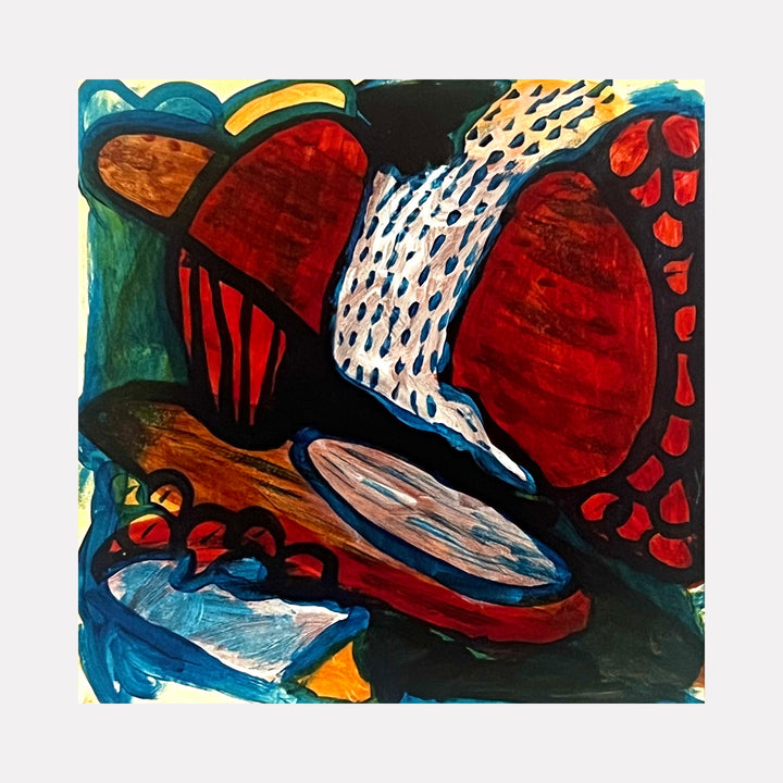 The artwork "Rocky Waterfall" by Sunny Chapman features an abstract composition with bold, organic shapes in deep reds, blues, and earthy browns. Dynamic black outlines and textured brushstrokes evoke a sense of flowing movement, reminiscent of the organic abstraction seen in works by Joan Miró and Wassily Kandinsky.