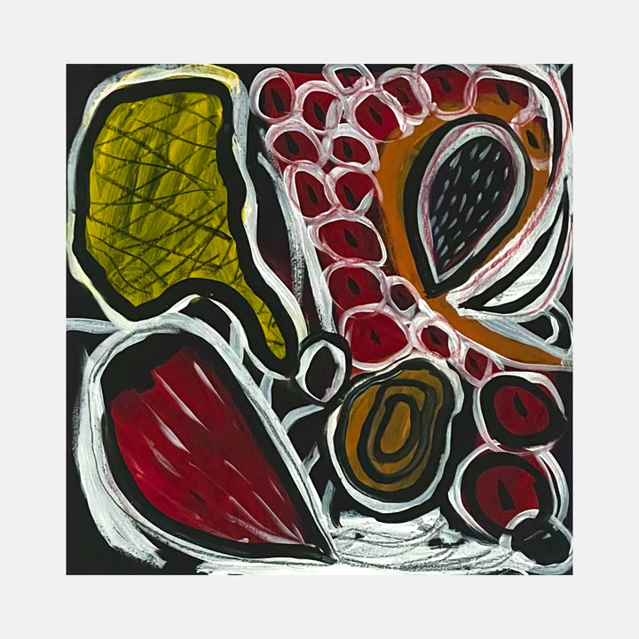 The artwork "Storms" by Sunny Chapman features an abstract composition with bold organic shapes in deep reds, olive green, ochre, and black, outlined with dynamic white strokes. The textured layering and rhythmic patterns evoke the energetic abstraction reminiscent of Joan Miró and the expressive color contrasts found in Franz Kline’s works.