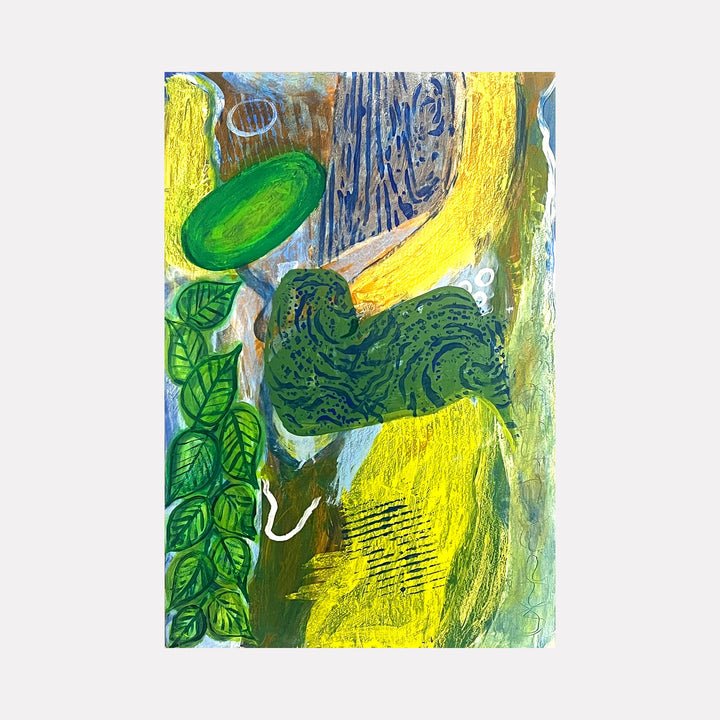 The artwork "Bird" by Sunny Chapman features an abstract portrait with organic shapes in vibrant greens and textured yellows layered alongside deep browns and subtle blues. The flowing forms and intricate leaf motifs evoke a natural harmony reminiscent of the expressive abstraction seen in works by Joan Miró and Helen Frankenthaler.