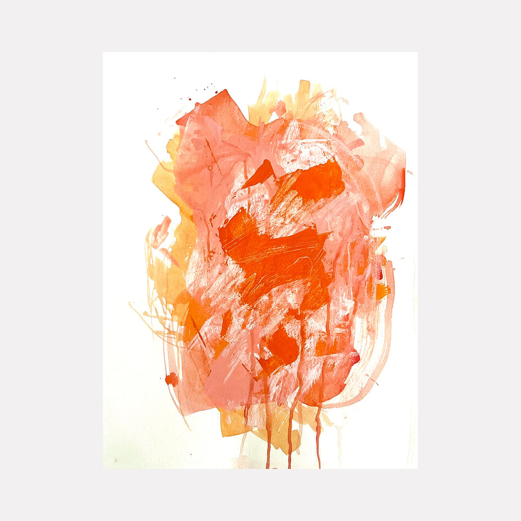 The artwork "Dawn" by Sunny Chapman features an abstract composition with layered washes of warm orange and coral hues accented by textured brushstrokes and dripping paint. The fluid, organic shapes evoke movement and light, reminiscent of the expressive abstraction seen in Helen Frankenthaler’s color fields and the dynamic energy of Willem de Kooning’s gestural works.