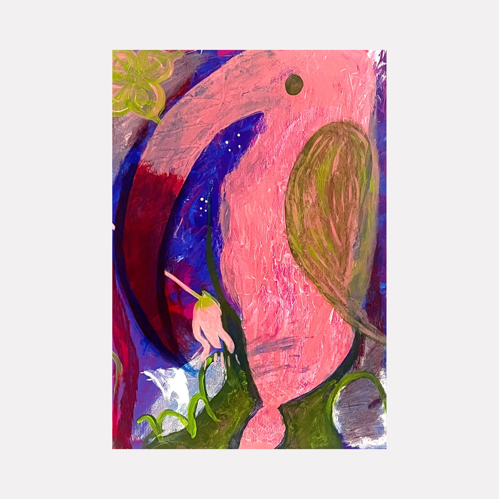 The artwork "Flower Bearer" by Sunny Chapman features an abstract portrait in vibrant pinks and deep blues, accented with olive green shapes and textured brushstrokes. The composition blends organic forms and dynamic layering, evoking the expressive abstraction of Joan Miró and the bold color contrasts of Helen Frankenthaler.