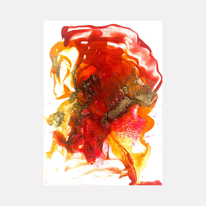 The artwork "Flower Magic Lantern" by Sunny Chapman features an abstract portrait with flowing shapes in vivid reds, deep oranges, and warm golds. The textured layering and fluid brushstrokes create a dynamic, fiery composition reminiscent of the expressive abstraction found in works by Mark Rothko and Willem de Kooning.