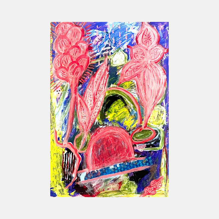 The artwork "Garden Gate" by Sunny Chapman features an abstract composition with bold, organic shapes in vibrant pinks contrasting against deep blues, bright yellows, and greens. Textured brushstrokes and layered forms evoke the lively abstraction reminiscent of Joan Miró’s playful shapes and Wassily Kandinsky’s dynamic color use.