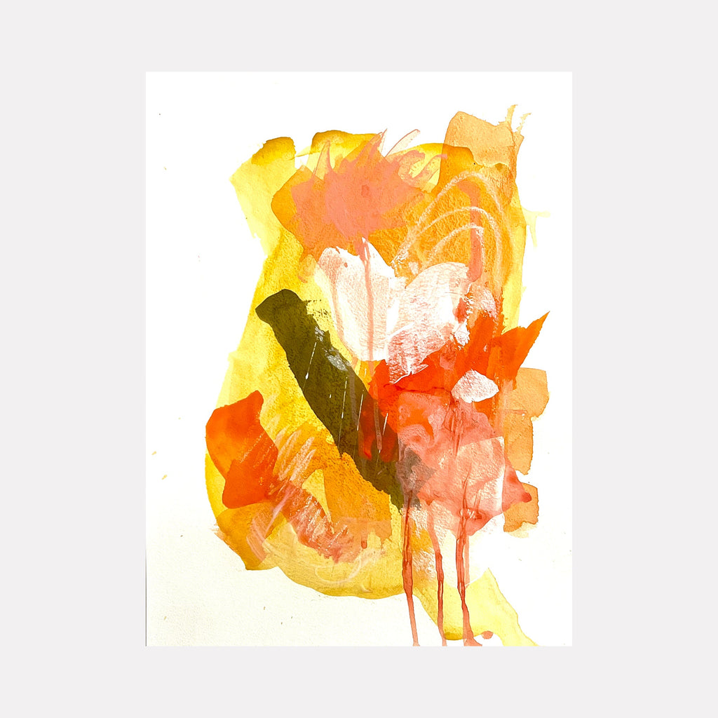 The artwork "Garden in the Clouds" by Sunny Chapman features an abstract composition with layered, translucent washes of warm yellows, oranges, and reds, accented by bold strokes of dark green and textured white highlights. Fluid drips and organic shapes evoke the energetic abstraction reminiscent of Helen Frankenthaler and Joan Miró’s expressive forms.