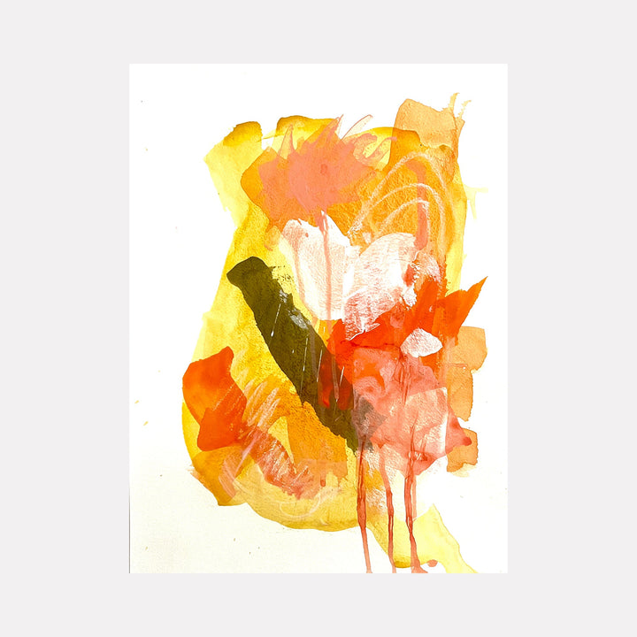 The artwork "Garden in the Clouds" by Sunny Chapman features an abstract composition with layered, translucent washes of warm yellows, oranges, and reds, accented by bold strokes of dark green and textured white highlights. Fluid drips and organic shapes evoke the energetic abstraction reminiscent of Helen Frankenthaler and Joan Miró’s expressive forms.