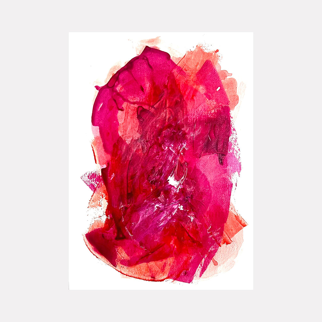 The artwork "Ghost Dancer" by Sunny Chapman features an abstract portrait with layered, textured brushstrokes in vibrant pinks and deep reds, creating fluid, organic shapes that suggest movement and ethereal presence. The dynamic composition evokes the expressive abstraction of Helen Frankenthaler and the emotional intensity found in the works of Cy Twombly.