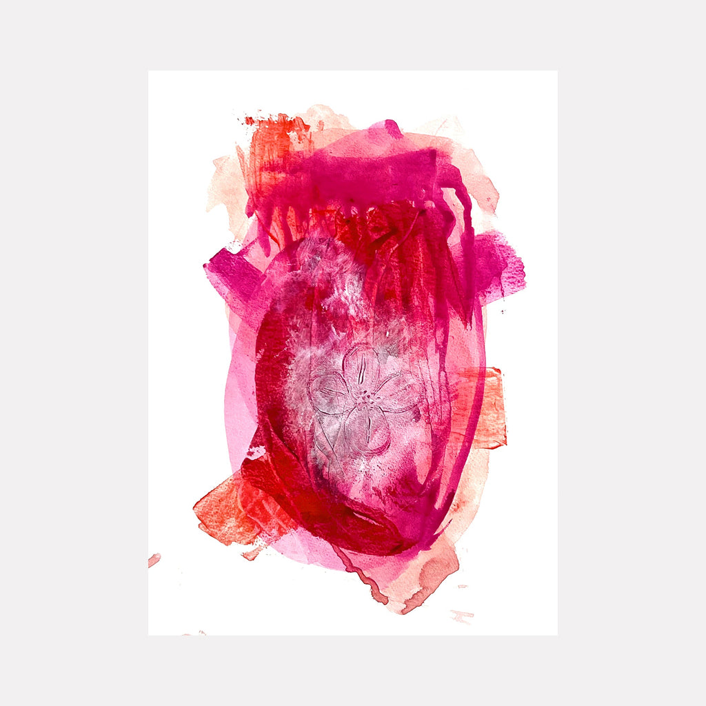 The artwork "Ghost Flower" by Sunny Chapman features an abstract portrait with layered translucent washes of pink, magenta, and soft red hues. A subtle floral motif emerges from textured brushstrokes and fluid layering, evoking the ethereal abstraction and color harmony reminiscent of Helen Frankenthaler and Georgia O’Keeffe’s organic forms.