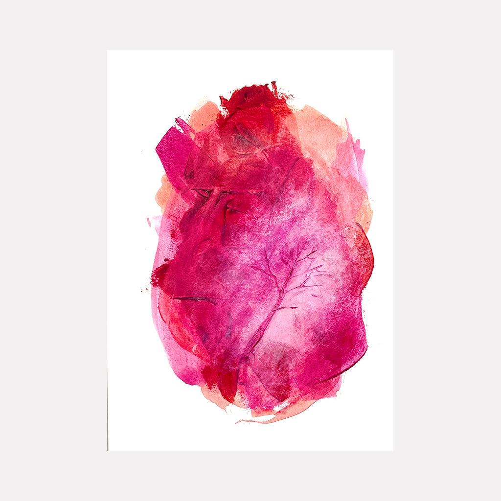 The artwork "Ghost Tree" by Sunny Chapman features an abstract portrait with layered washes of pink, red, and soft orange hues. Delicate, almost ghostly tree branches emerge within the fluid, textured forms, evoking the atmospheric abstraction and organic layering seen in the works of Helen Frankenthaler and Agnes Martin.