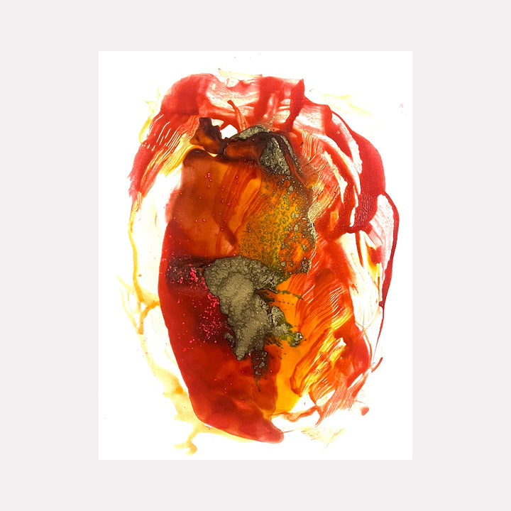 The artwork "Magic Lantern" by Sunny Chapman features an abstract portrait with flowing, fiery red and orange hues contrasted by textured patches of metallic gray and deep amber. The dynamic brushstrokes and organic shapes evoke the intense, emotive abstraction reminiscent of works by Willem de Kooning and Anselm Kiefer.
