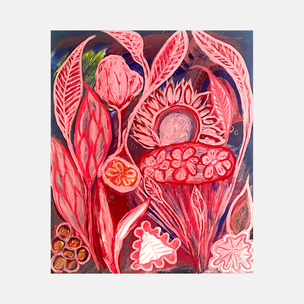 The artwork "Pink Garden" by Sunny Chapman features an abstract floral composition dominated by vibrant pinks and reds with layered textures and bold, organic shapes. The intricate patterns and expressive brushstrokes evoke the dynamic abstraction and natural forms reminiscent of Georgia O’Keeffe and Joan Miró’s playful yet structured styles.