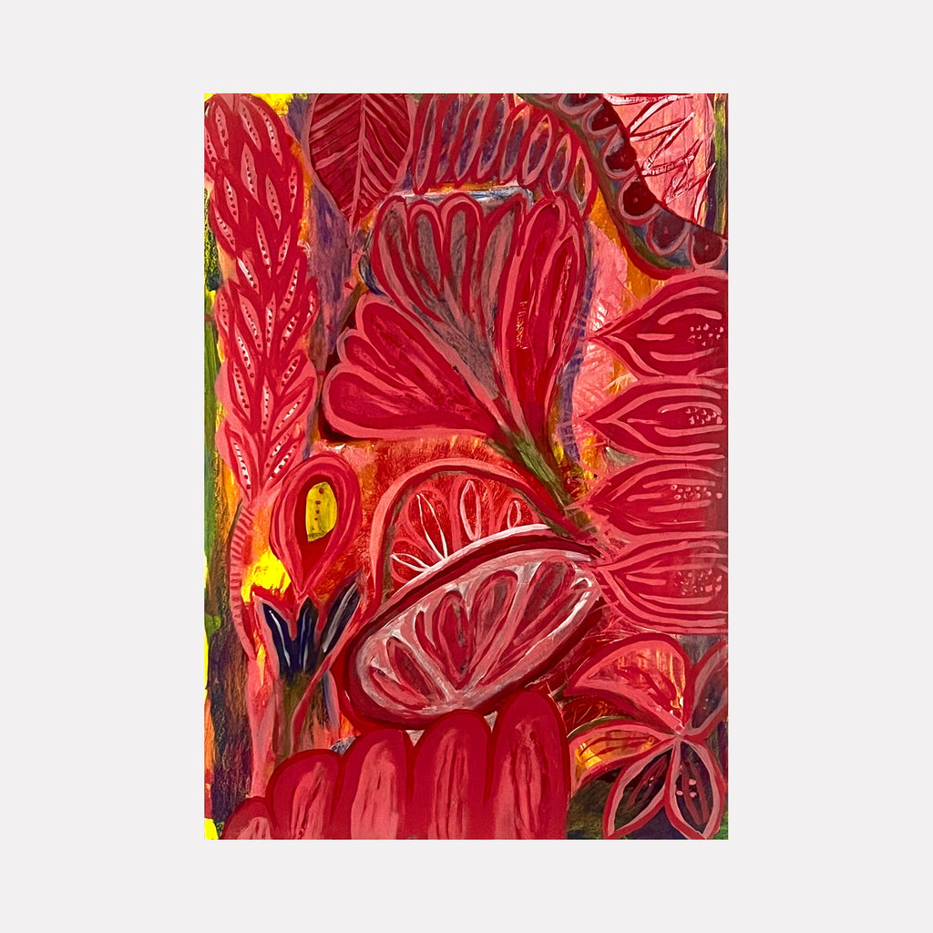 The artwork "Pink Jungle" by Sunny Chapman features an abstract composition of layered botanical shapes in rich shades of red and pink, accented with subtle hints of yellow and green. The textured brushstrokes and organic forms evoke the expressive abstraction found in works by Henri Matisse and Georgia O’Keeffe.
