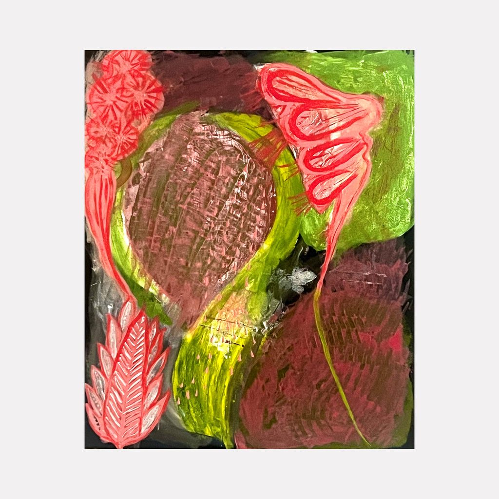 The artwork "Pink Rain" by Sunny Chapman features an abstract composition with textured organic shapes in rich browns and vibrant greens, accented by flowing, coral-pink botanical forms. The layered brushstrokes and dynamic contrasts evoke the expressive abstraction reminiscent of Georgia O'Keeffe’s floral studies and the color fields of Helen Frankenthaler.