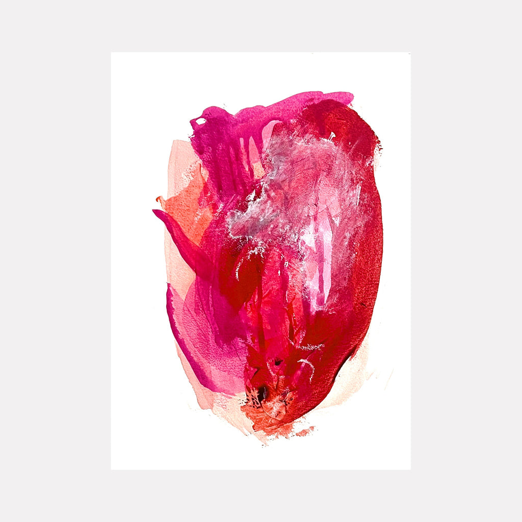 The artwork "Pink River" by Sunny Chapman features an abstract composition with flowing organic shapes in vibrant shades of pink and red, accented by soft blush and white highlights. The textured layers and fluid brushstrokes evoke a sense of movement, reminiscent of Helen Frankenthaler’s color fields and the expressive abstraction of Willem de Kooning.