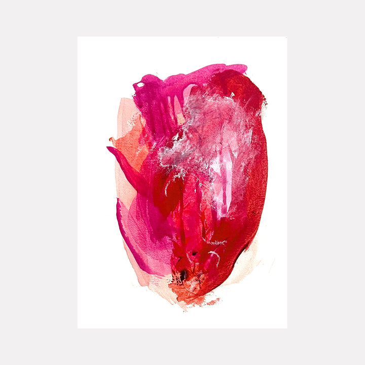 The artwork "Pink River" by Sunny Chapman features an abstract composition with flowing organic shapes in vibrant shades of pink and red, accented by soft blush and white highlights. The textured layers and fluid brushstrokes evoke a sense of movement, reminiscent of Helen Frankenthaler’s color fields and the expressive abstraction of Willem de Kooning.