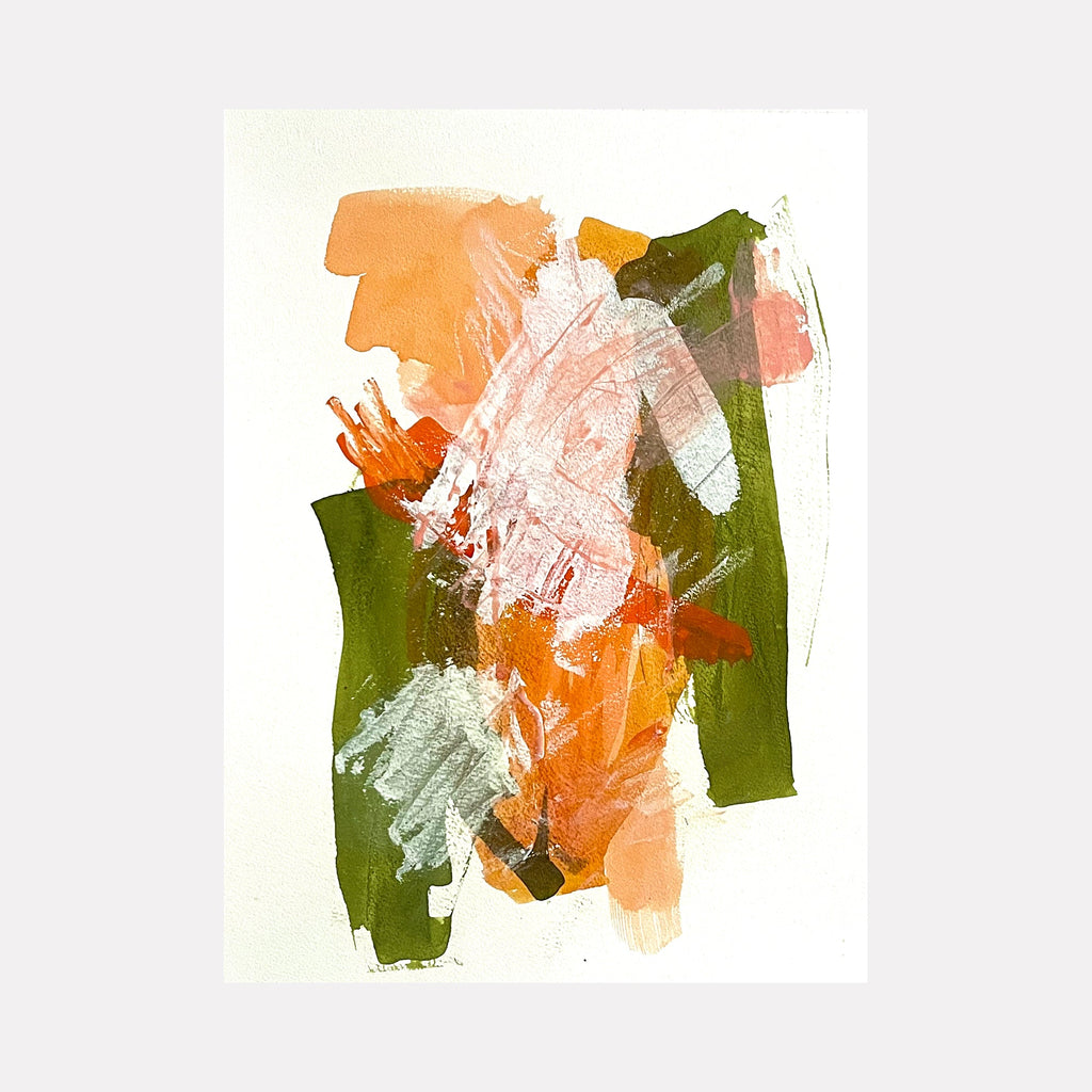 The artwork "Spring Snow" by Sunny Chapman features an abstract composition with layered brushstrokes in muted orange, olive green, soft pink, and white. The textured, overlapping forms create a sense of depth and organic movement, evoking the gestural abstraction reminiscent of Helen Frankenthaler and Joan Mitchell’s expressive styles.