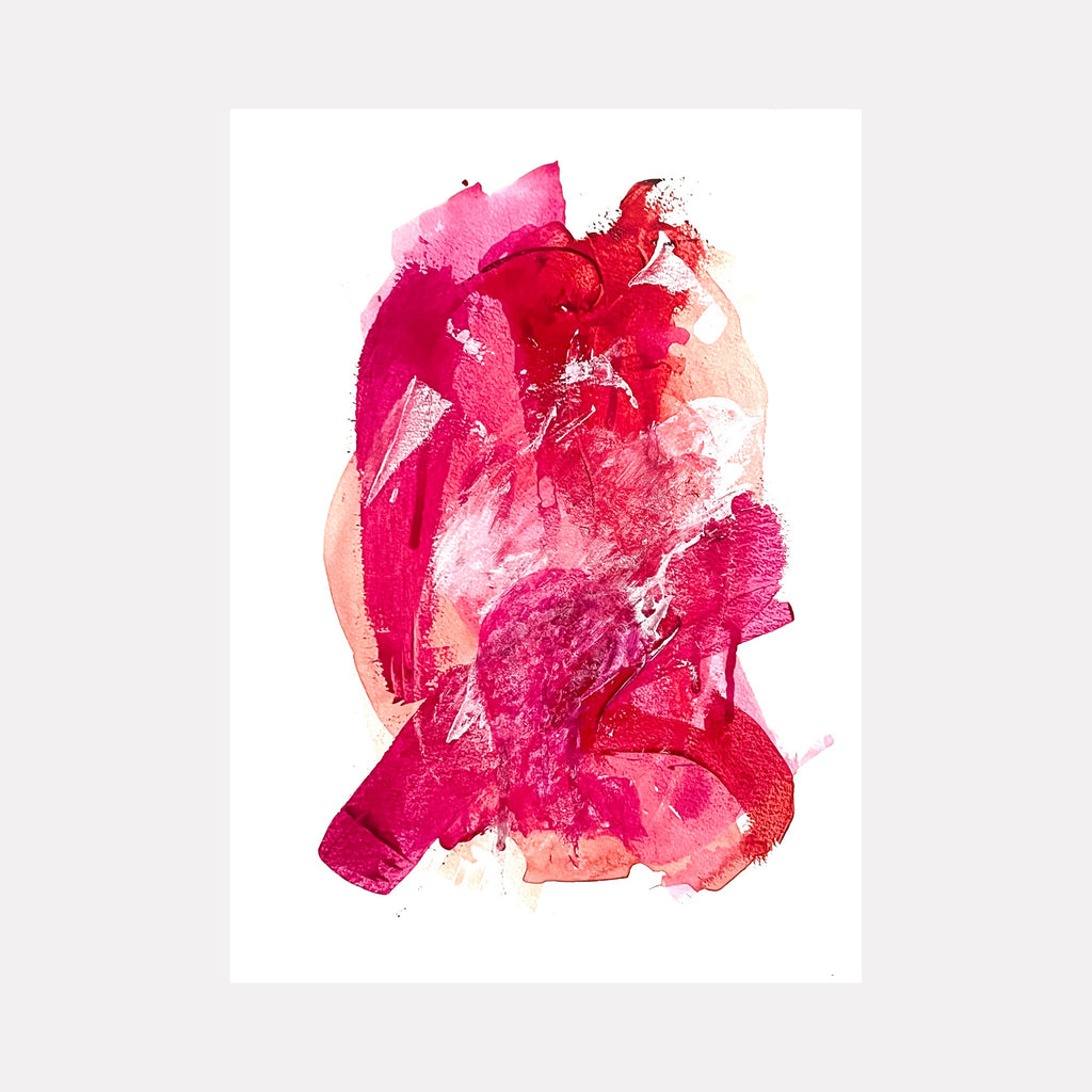 The artwork "The Pink Veil" by Sunny Chapman features an abstract portrait rendered in layered shades of vibrant pink, deep red, and soft peach. The textured brushstrokes and fluid forms create a sense of depth and emotion, evoking the expressive abstraction found in works by Willem de Kooning and Helen Frankenthaler.
