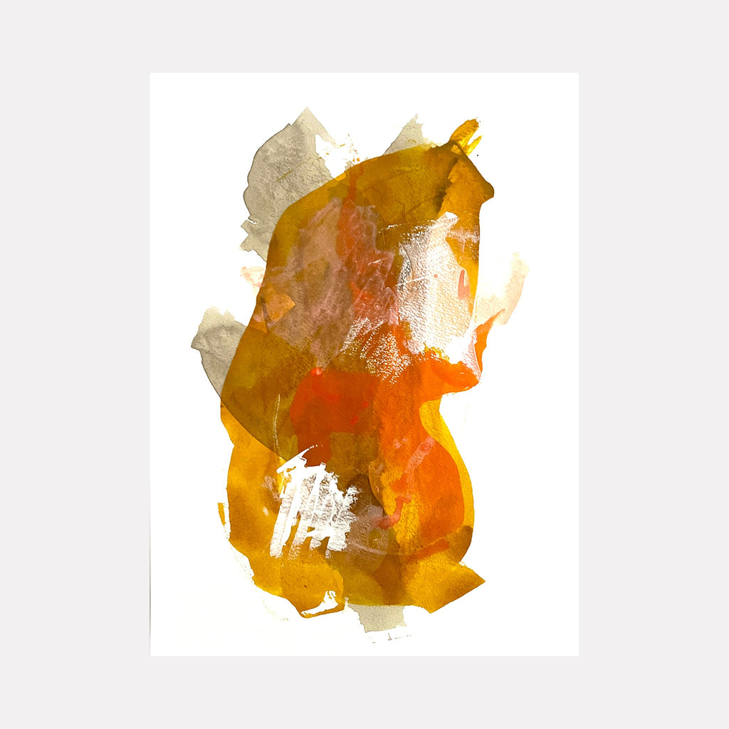 The artwork "Tranquile Beast" by Sunny Chapman presents an abstract portrait of a horse rendered in warm hues of ochre, burnt orange, and muted beige. The layered brushstrokes and translucent textures evoke a serene yet dynamic presence, reminiscent of the organic abstraction found in works by Helen Frankenthaler and Robert Motherwell.