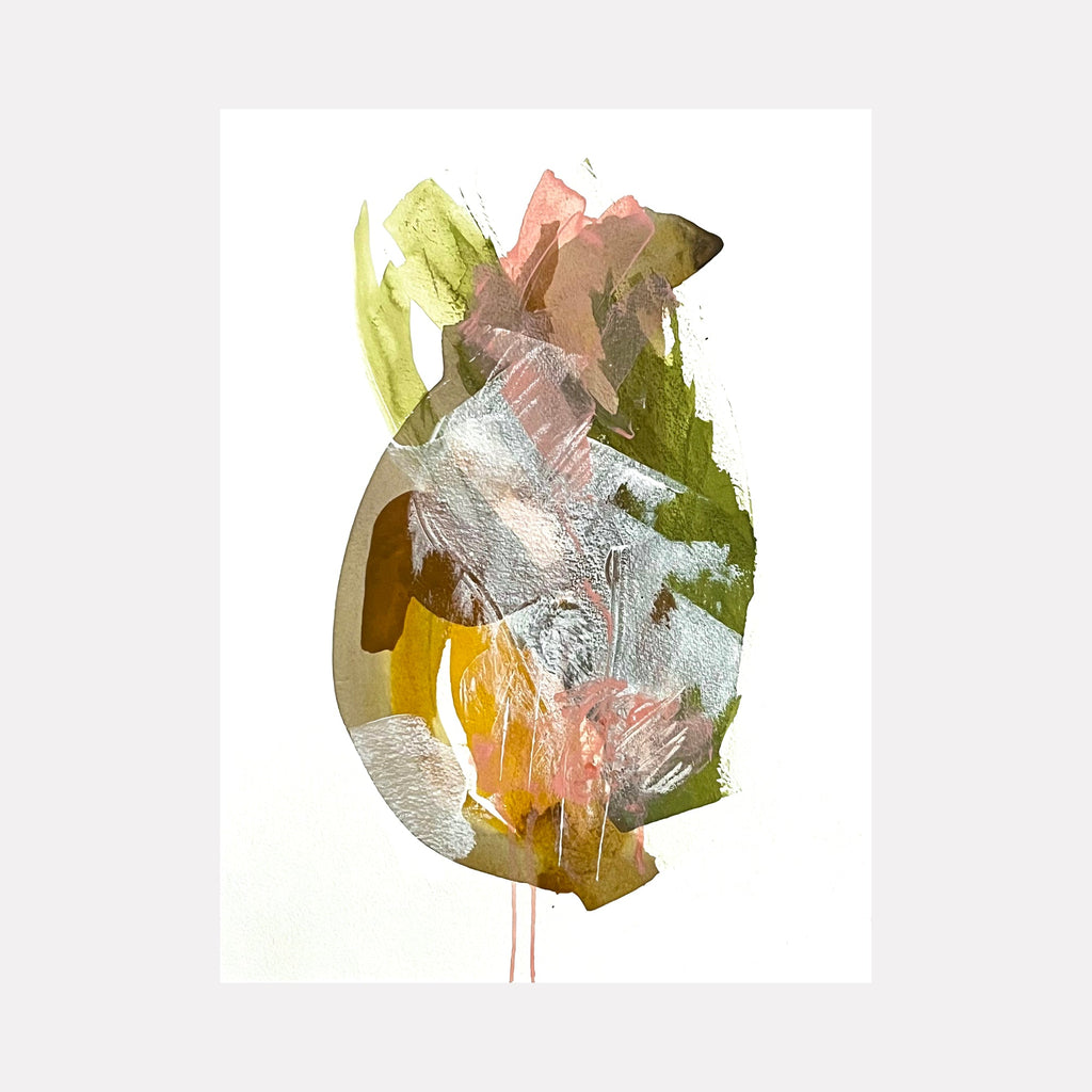 The artwork "Vase" by Sunny Chapman features an abstract composition with layered organic shapes in muted greens, soft pinks, and earthy browns. Textured brushstrokes and translucent overlays create depth and movement, evoking the subtle abstraction and natural forms seen in works by Helen Frankenthaler and Joan Miró.