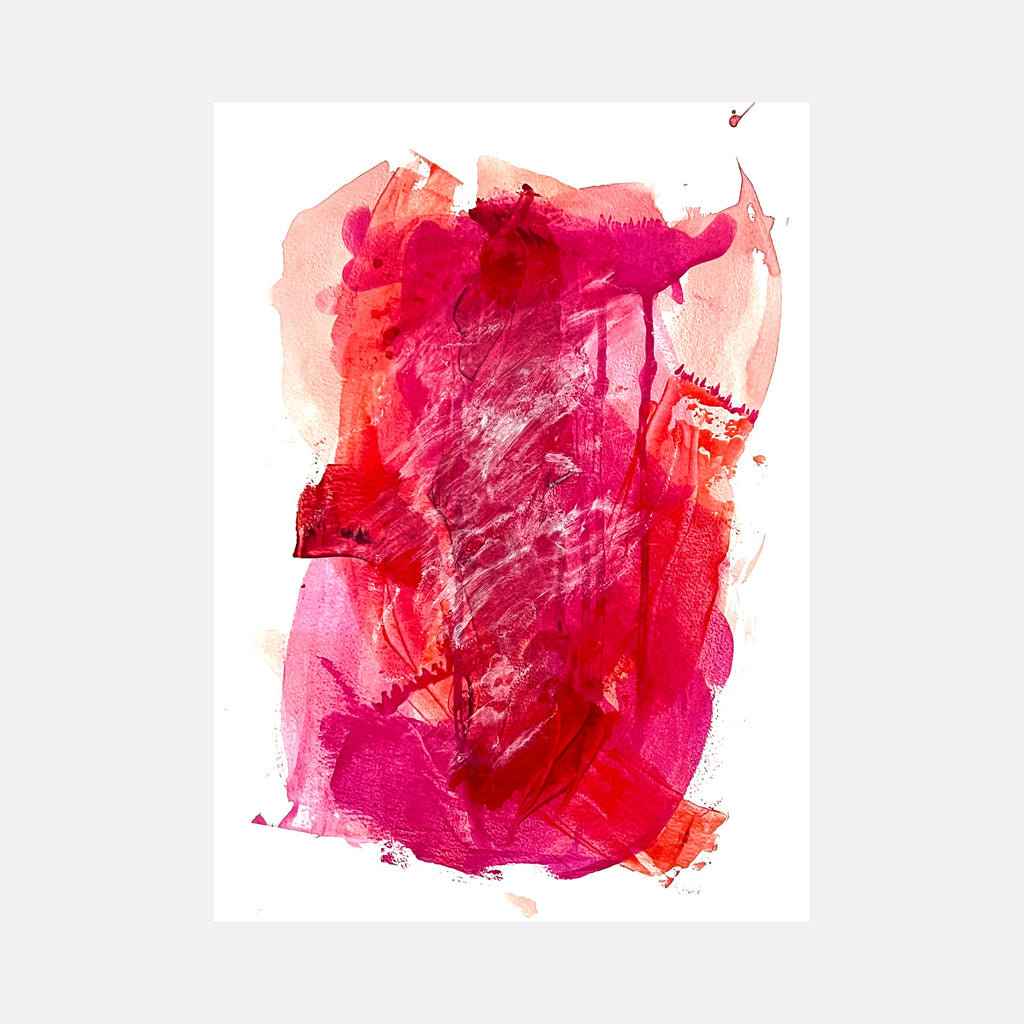 The artwork "Forest Ridges" by Sunny Chapman features an abstract portrait with layered washes of vibrant pinks and reds, accented by textured brushstrokes that create depth and movement. The fluid, organic shapes evoke the expressive abstraction of Helen Frankenthaler and the bold color fields reminiscent of Mark Rothko’s work.