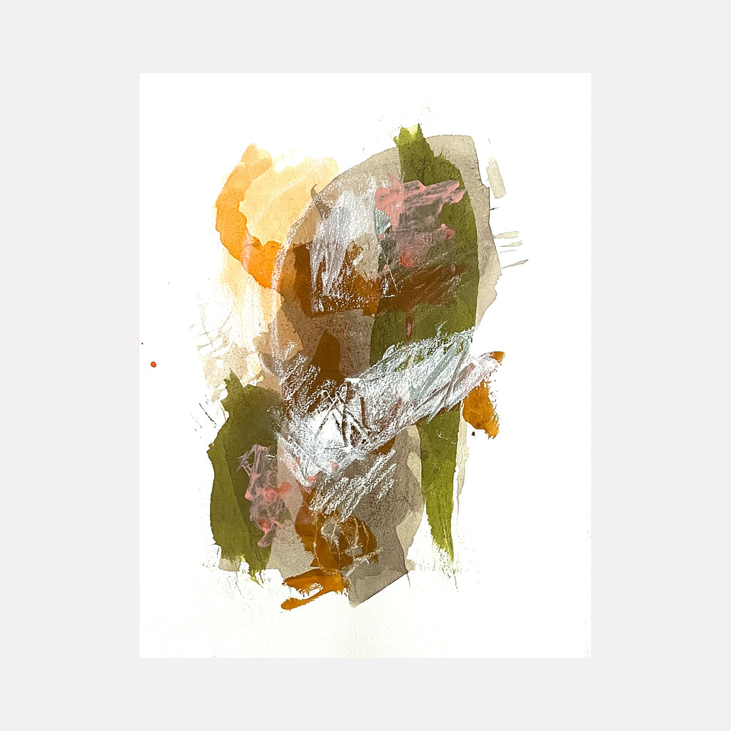 The artwork "Veil of White" by Sunny Chapman features an abstract composition with layered brushstrokes in muted greens, soft browns, warm ochres, and delicate touches of white and pink. The textured, organic forms evoke a serene, natural balance, reminiscent of Helen Frankenthaler’s fluid abstractions and the earthy subtlety found in Agnes Martin’s minimalist works.