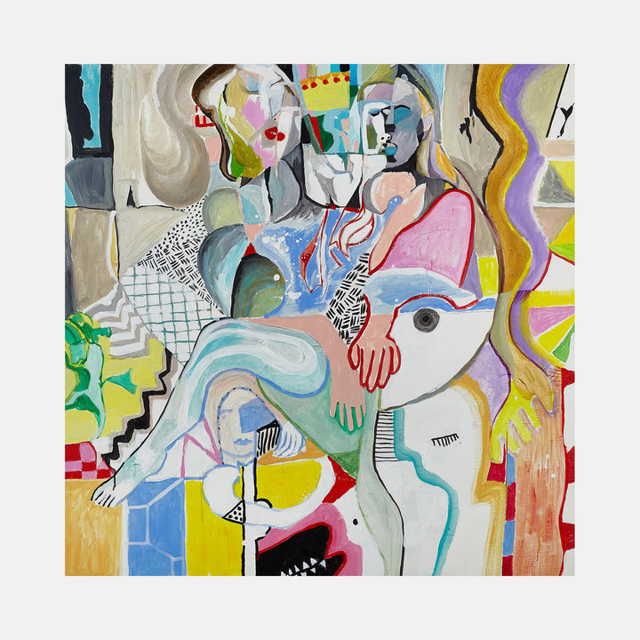 The artwork "Sunny Side Up" by Lisa Warren features a vibrant, abstract figurative composition with layered, fragmented human forms interwoven with geometric shapes in blues, pinks, yellows, and earthy tones. The textured brushwork and bold outlines evoke the cubist explorations of Picasso and the playful abstraction of Jean Dubuffet.