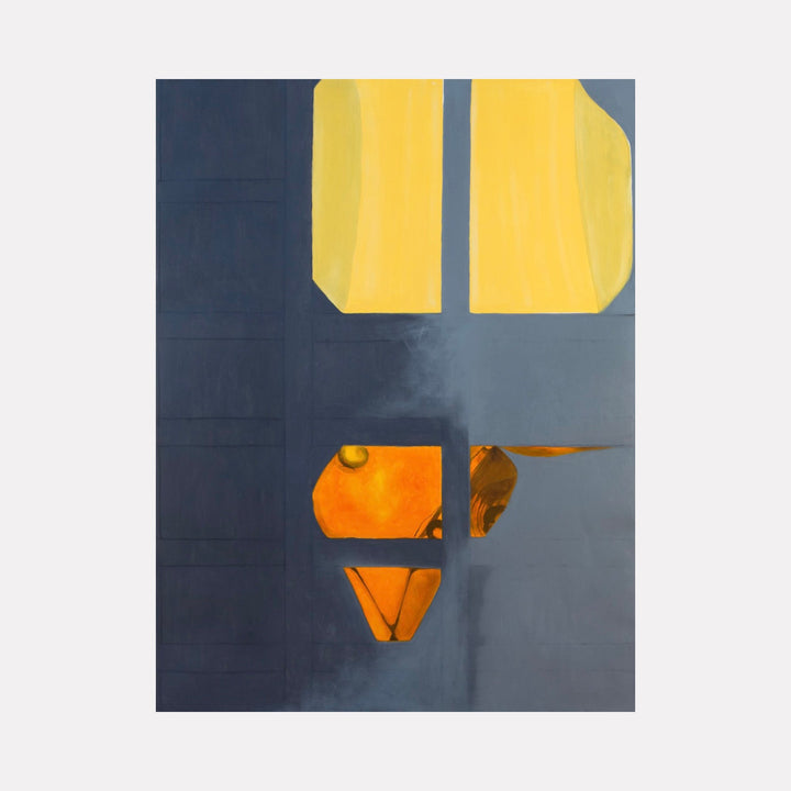 The artwork 'Sunrise in the West 14' by Cora Jane Glasser features abstract geometric shapes in vibrant yellow and orange against a deep slate gray background. The composition shows fragmented forms with sharp edges, creating a modernist aesthetic. Oil on Arches paper mounted on wood brings rich texture and depth to the minimalist design.