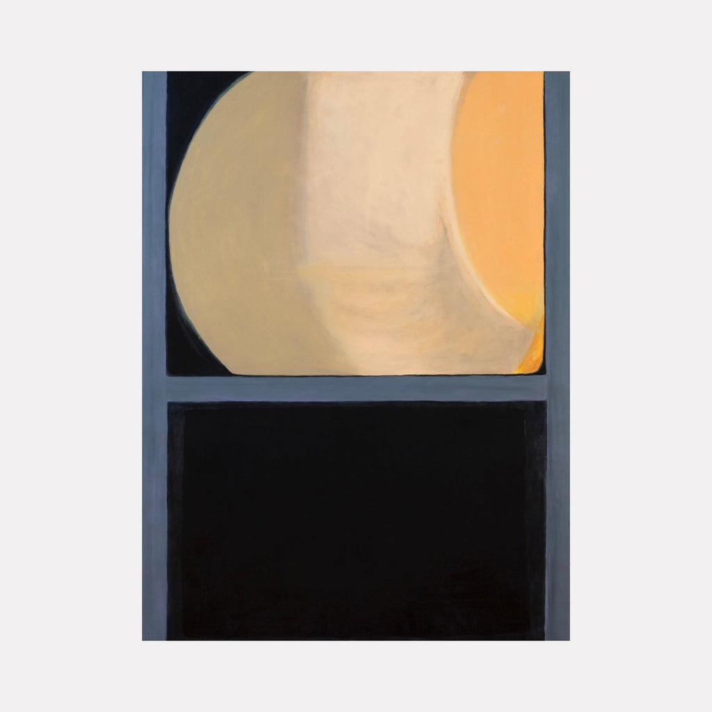 The artwork 'Sunrise in the West 15' by Cora Jane Glasser features a minimalist abstract composition divided into two sections. The upper half displays a large cream-colored curved form with warm orange accents against a dark background, while the lower half is a solid black rectangle. Oil on Arches paper creates subtle textural variations throughout the 49x36 inch piece.