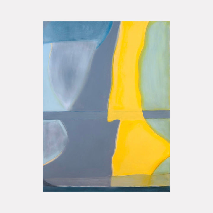 The artwork 'Sunrise in the West 17' by Cora Jane Glasser features abstract geometric shapes in cool blues and grays contrasting with vibrant yellow, creating a modern composition. Fluid curves and clean lines intersect across the canvas, with subtle mint green accents. Oil on Arches paper mounted on plexi showcases smooth color transitions and contemporary minimalist style.