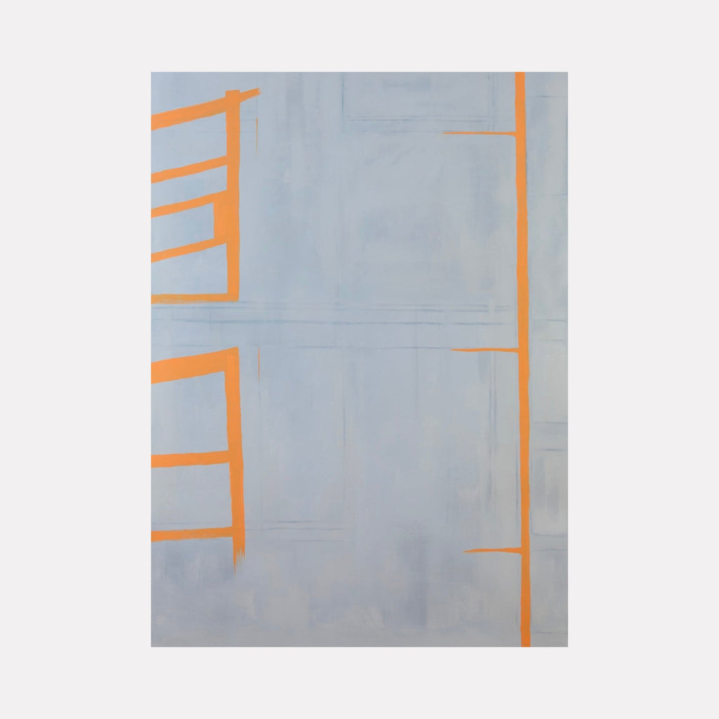 The artwork 'Sunrise in the West 18' by Cora Jane Glasser features bold orange geometric lines against a misty gray background. Abstract minimalist composition with vertical and horizontal elements creating architectural forms. Oil on Arches paper mounted on wood-braced plexi, showcasing clean lines and subtle color transitions.