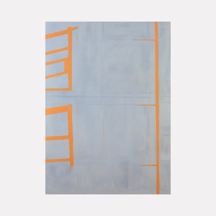 The artwork 'Sunrise in the West 18' by Cora Jane Glasser features bold orange geometric lines against a misty gray background. Abstract minimalist composition with vertical and horizontal elements creating architectural forms. Oil on Arches paper mounted on wood-braced plexi, showcasing clean lines and subtle color transitions.