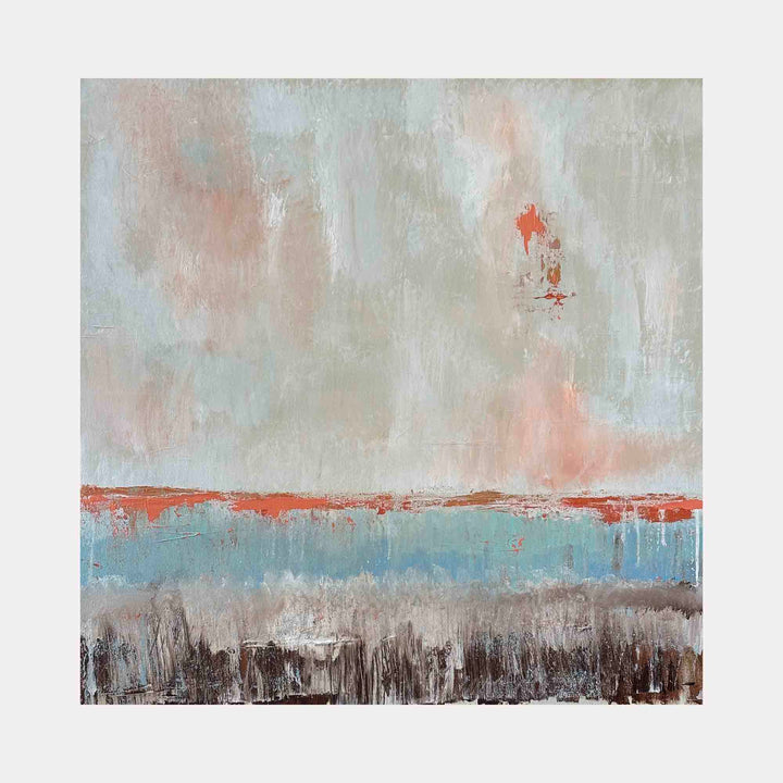 The artwork "Sunset" by Tammy Kushnir features an abstract landscape with horizontal bands of soft blue, warm orange, gray, and muted beige tones. The textured layers and subtle brushstrokes evoke a serene, atmospheric quality reminiscent of Mark Rothko’s color fields and the tranquil abstractions of Helen Frankenthaler.