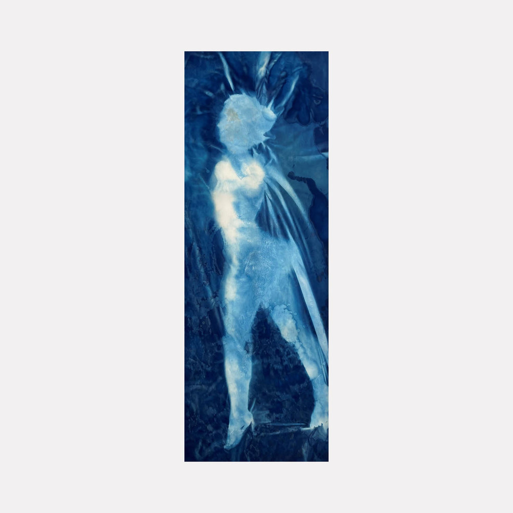 The artwork "Super Hero" by vendor Cat Welch features an abstract figure rendered in various shades of deep blue and white, evoking a ghostly, ethereal presence. The textured, layered brush strokes and fluid forms recall the atmospheric qualities found in works by Yves Klein and the expressive abstraction of Francis Bacon.
