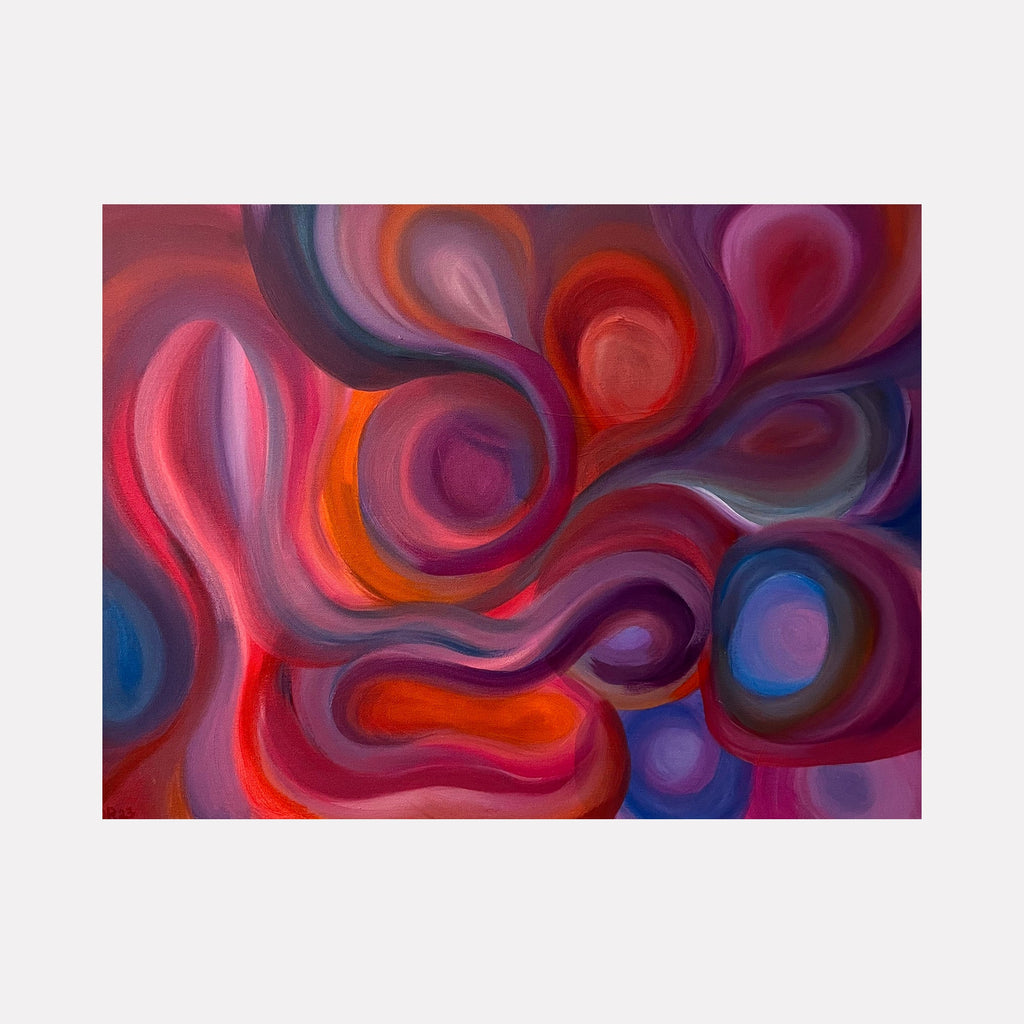 The artwork "Swirl Bridge" by Kim Rosebud features flowing, interconnected abstract shapes in vibrant red, pink, purple, blue, and orange hues. The smooth, swirling forms blend seamlessly, creating a dynamic and harmonious composition with a soft, textured appearance. Swirl Bridge by Kim Rosebud.