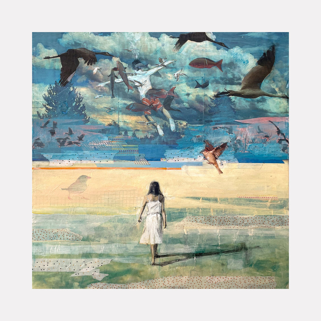 The artwork "Syncing" by Chris Baily features a surreal landscape with a solitary figure in white walking toward an expansive sky filled with flying birds and a fish, rendered in muted blues, greens, and sandy tones. The layered textures and dreamlike composition evoke elements of René Magritte’s surrealism and the ethereal qualities of Marc Chagall’s work.