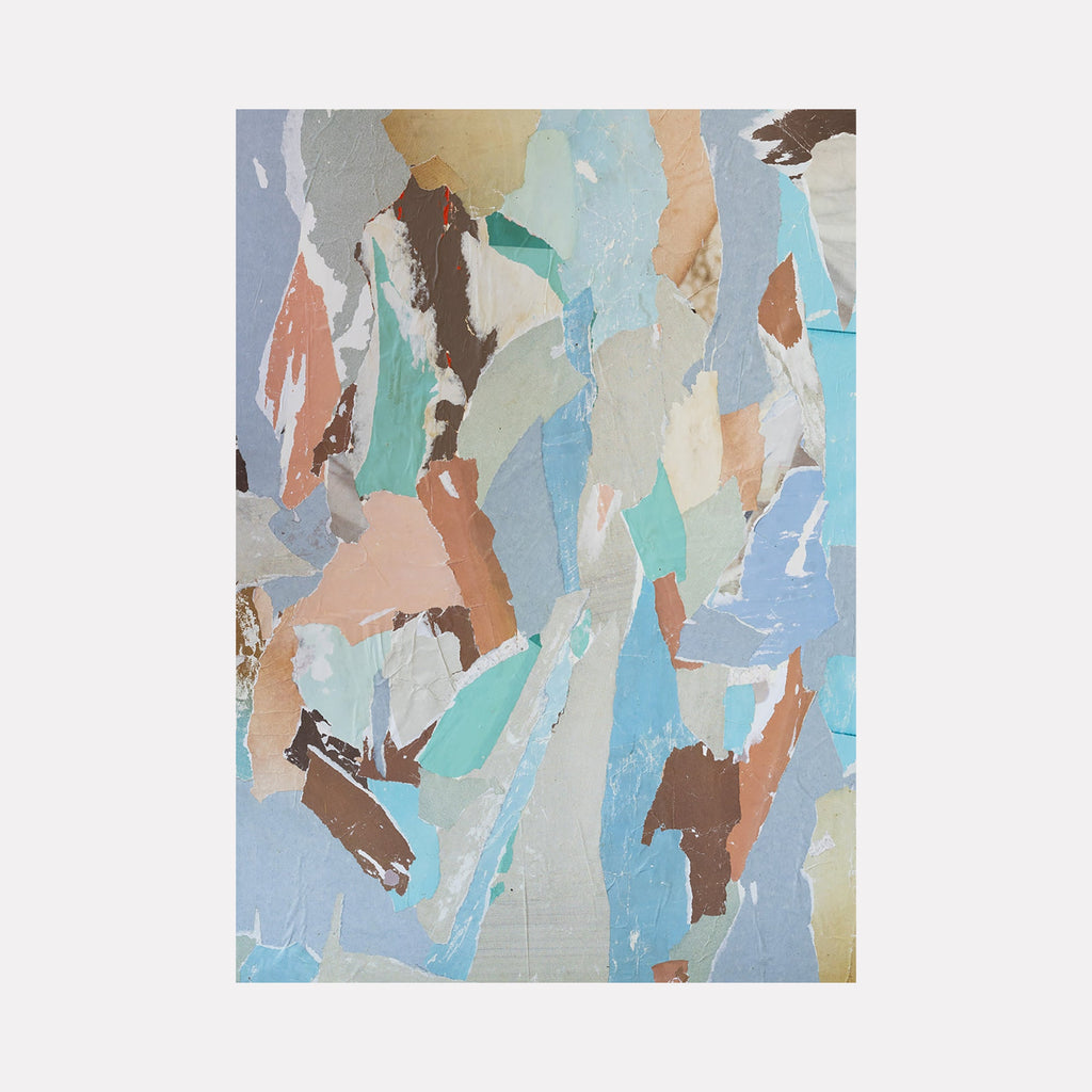 The artwork "TAFD Blue, Coral Pastels" by Amy Turner features an abstract collage of torn, layered shapes in soft blues, coral, beige, and muted greens with subtle textures and paper-like materials. The composition evokes organic forms and gentle movement, reminiscent of the textured abstractions by Henri Matisse and the layered palettes of Mark Rothko.