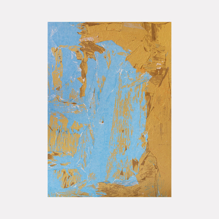 The artwork "TAFD Blue and Gold" by Amy Turner features an abstract composition with textured layers of vibrant blue and rich gold tones. The rough, organic brushstrokes create dynamic movement, evoking the spontaneous abstraction style reminiscent of Jean Dubuffet and the bold color contrasts found in Helen Frankenthaler's works.
