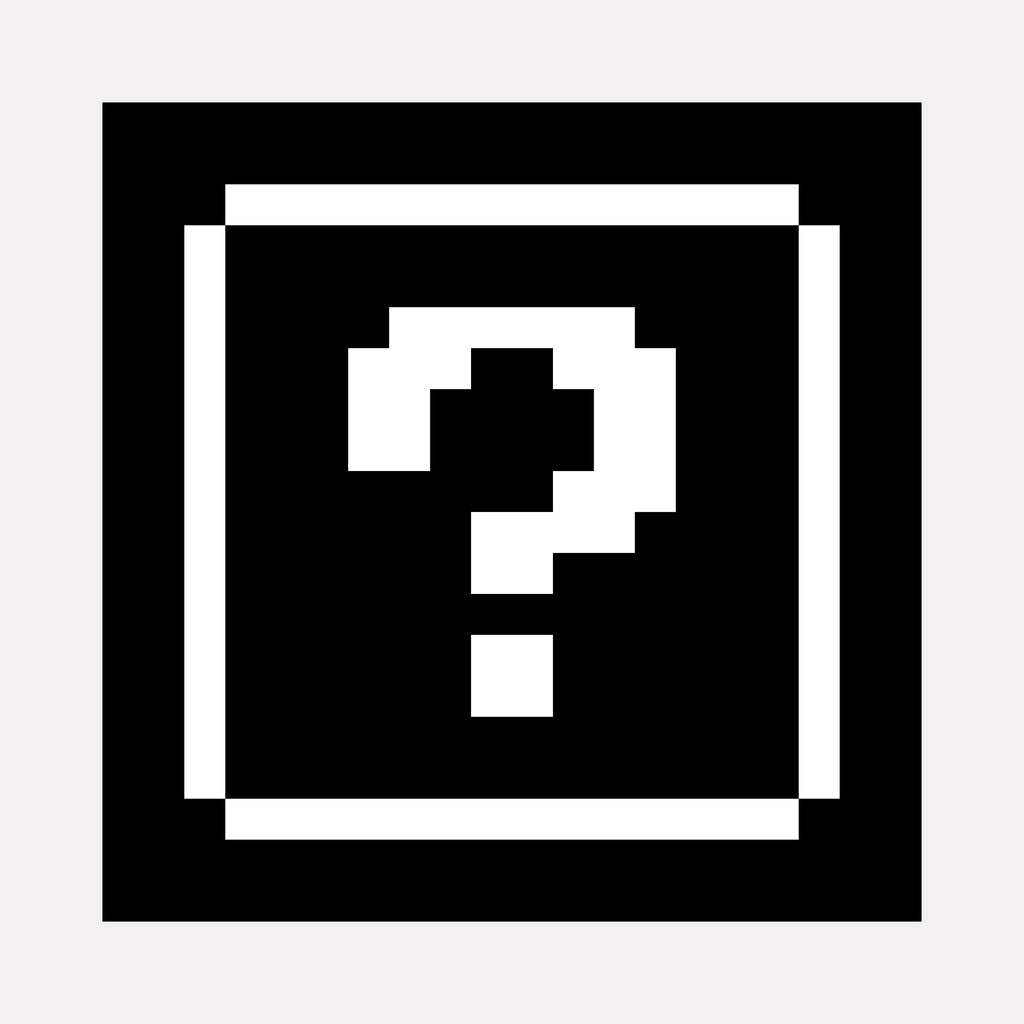 The artwork "THE BOX" by Harold Herb features a stark black and white pixelated design centered on a bold question mark enclosed within a square frame. The graphic simplicity and geometric precision recall the minimalist grid-based abstraction of Sol LeWitt and the digital iconography reminiscent of early video game aesthetics.