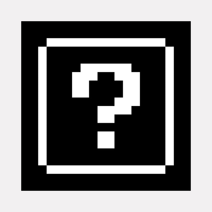 The artwork "THE BOX" by Harold Herb features a stark black and white pixelated design centered on a bold question mark enclosed within a square frame. The graphic simplicity and geometric precision recall the minimalist grid-based abstraction of Sol LeWitt and the digital iconography reminiscent of early video game aesthetics.