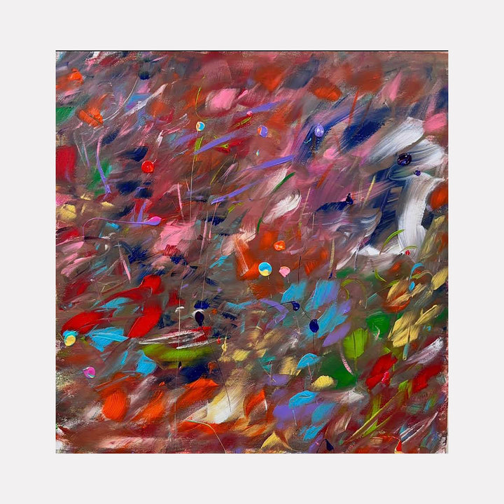 The artwork "THE MUSIC CREPT BY ME" by Gail Sarasohn features a vibrant abstract composition with dynamic brushstrokes in rich reds, blues, purples, and greens. The swirling textures and scattered colorful dots evoke a sense of movement and rhythm, reminiscent of Wassily Kandinsky's expressive style and the energy found in Jackson Pollock's drip paintings.