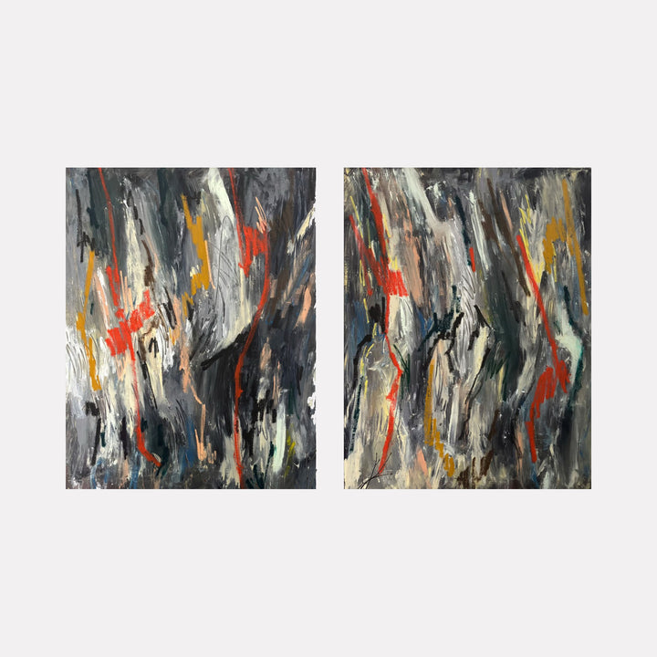 Twins Diptych by Albion Vu features a dynamic abstract art piece with layered brushstrokes in muted grays, blacks, and whites, accented by bold splashes of red, orange, and yellow, creating a strikingly textured and expressive composition within the Curina collection.